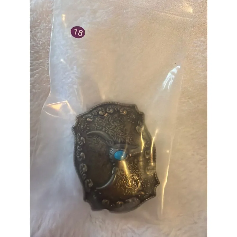Western Longhorn Steer Skull Belt Buckle Faux Turquoise Antique Brass 3.8